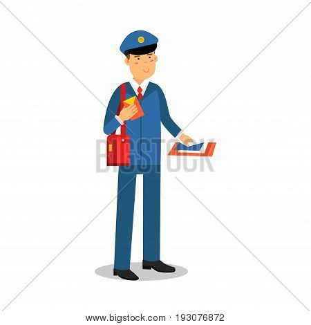 Postman in blue uniform with red bag holding letters cartoon character, express delivery mail vector Illustration isolated on a white background