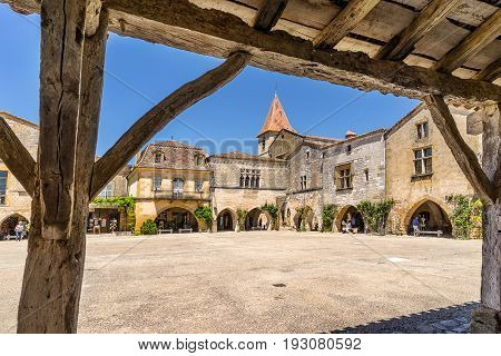 The hill top village of Monpazier in the Dordogne south west France