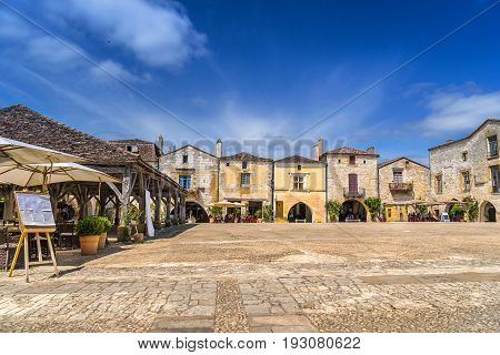 The hill top village of Monpazier in the Dordogne south west France