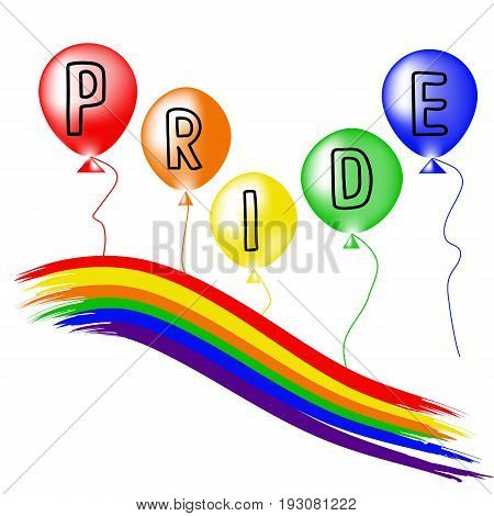 Colored rainbow balls and handwritten text Pride. Rainbow background LGBT multicolored flag. Original symbol for gay parade. Vector design