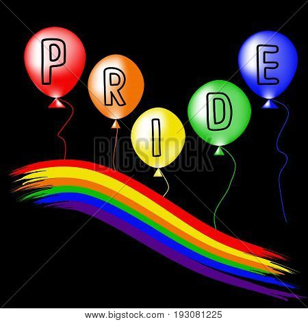 Colored rainbow balls and handwritten text Pride. Rainbow background LGBT multicolored flag. Original symbol for gay parade. Vector design