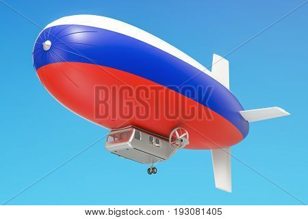Airship or dirigible balloon with Russian flag 3D rendering isolated on white background
