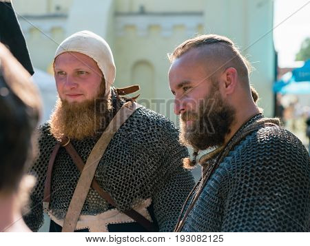 TROSTYANETS, UKRAINE - JUNE 25, 2017: Old Castle fest in action. Knights fight just beginning. This is 8 time traditional fest with historical costumes, foods and fights.