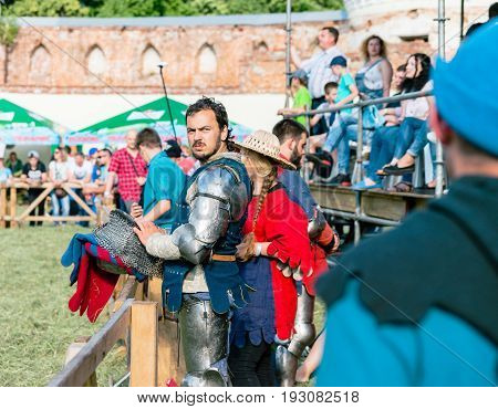 TROSTYANETS, UKRAINE - JUNE 25, 2017: Old Castle fest in action. Knights fight just beginning. This is 8 time traditional fest with historical costumes, foods and fights.