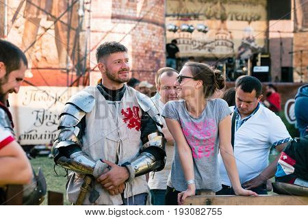 TROSTYANETS, UKRAINE - JUNE 25, 2017: Old Castle fest in action. Knights fight just beginning. This is 8 time traditional fest with historical costumes, foods and fights.