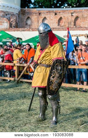 TROSTYANETS, UKRAINE - JUNE 25, 2017: Old Castle fest in action. Knights fight just beginning. This is 8 time traditional fest with historical costumes, foods and fights.