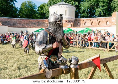 TROSTYANETS, UKRAINE - JUNE 25, 2017: Old Castle fest in action. Knights fight just beginning. This is 8 time traditional fest with historical costumes, foods and fights.