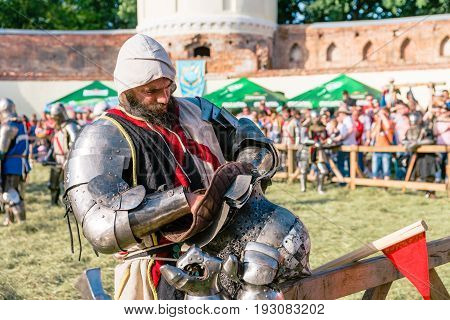 TROSTYANETS, UKRAINE - JUNE 25, 2017: Old Castle fest in action. Knights fight just beginning. This is 8 time traditional fest with historical costumes, foods and fights.
