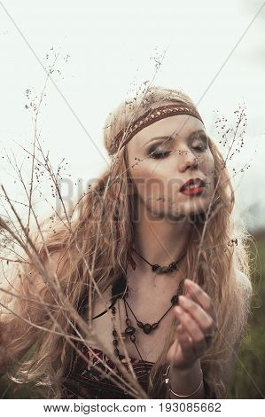 Hippie Blone Girl Cheerful, Peaceful And Free. Summer Time