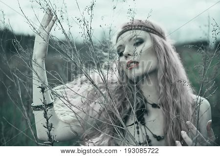 Hippie Blone Girl Cheerful, Peaceful And Free. Summer Time
