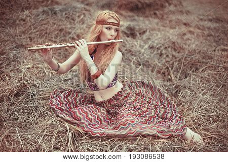 Hippie Blone Girl Cheerful, Peaceful And Free. Summer Time