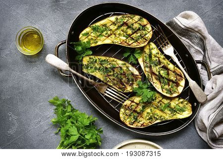 Grilled Spisy Eggplants.top View.