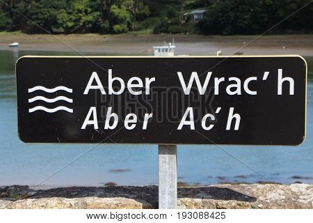 Road sign of l'Aber Wrac'h near the river l'Aber Wrac'h