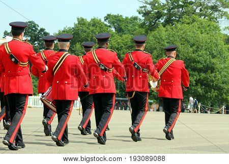 Sandhurst, Uk - June 18 2017: Musicians Of The Military Band Of The Corps Of Royal Engineers Leaving