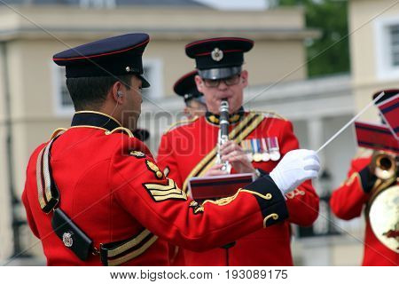 Sandhurst, Uk - June 18 2017: Conductor And Musicians Of The Military Band Of The Corps Of Royal Eng