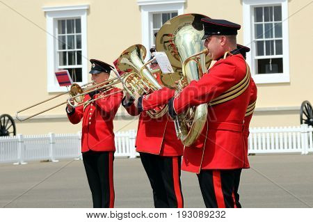 Sandhurst, Uk - June 18 2017: Brass Players Of The Military Band Of The Corps Of Royal Engineers