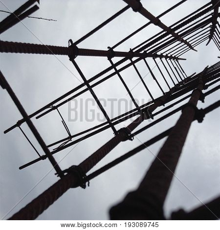 Construction, engineering, steel foundations tied with wire