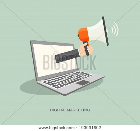 Hand holding megaphone coming out from laptop. Digital marketing flat illustration. Eps8
