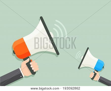 Two megaphones with hands. Flat illustration eps8