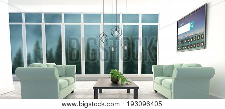 Various computer icons with search bar on device screen against blue sofas on floor in modern living room