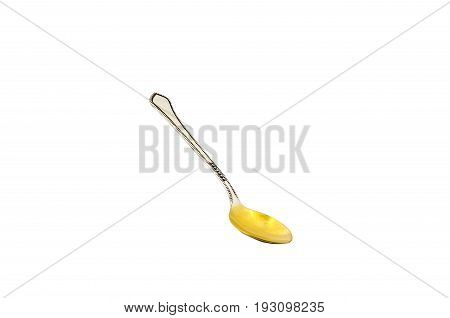 Empty Silver Desert Spoon Focus On Bowl Isolated On White.