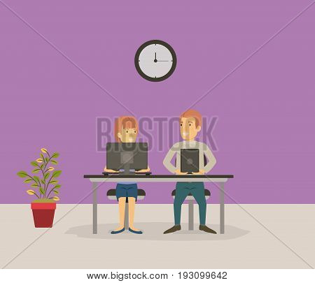 color background with couple coworker sitting in desk with tech devices business people vector illustration
