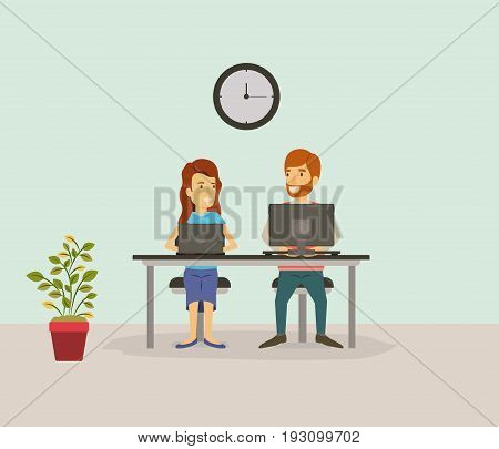 color background with couple worker sitting in desk with tech devices business people vector illustration