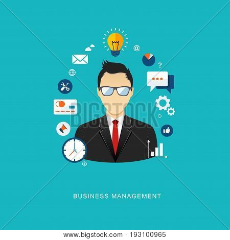 Business management concept flat illustration. Office man with icons. eps8