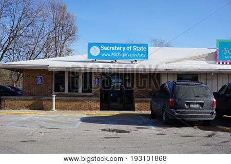 BAY VIEW, MICHIGAN / UNITED STATES - NOVEMBER 26, 2016: One may apply for a driver's license at the office of the Michigan Secretary of State, in a Bay View strip mall.