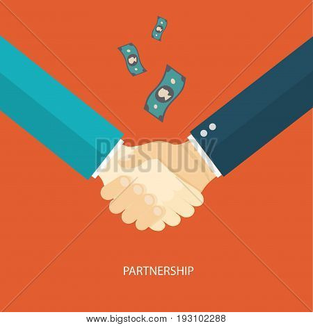 Partnership flat illustration with icons. Hands shaking men. eps10