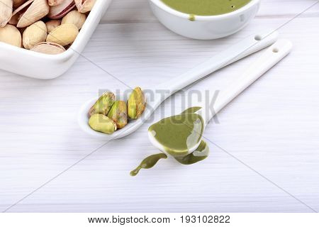 Pistachio urbech. Natural nut paste from pistachio. Dagestani useful delicacy.