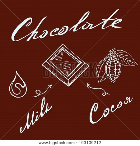 A set of chocolate milk cocoa a piece of chocolate in retro style painted by hand