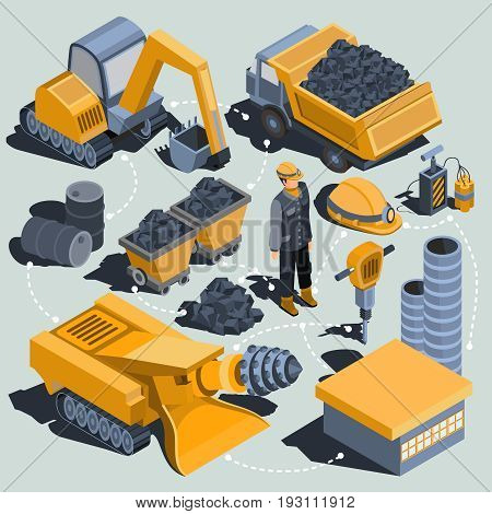 Set of isometric isolated elements of the coal mining industry miner, excavator, dumper, coal trolleys, coal cutter, coal mining plant