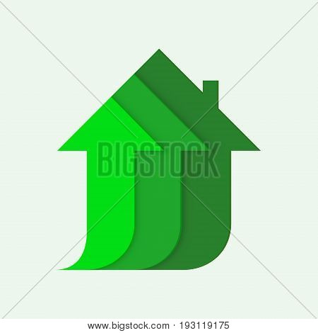 Arrows form the silhouette of a house, symbol of construction, growth of the housing market, vector illustration isolated on white background, green color, eco house