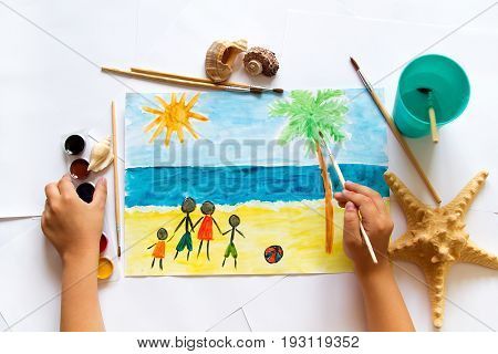 Kid's painting of holiday landscape - Seasky and beach