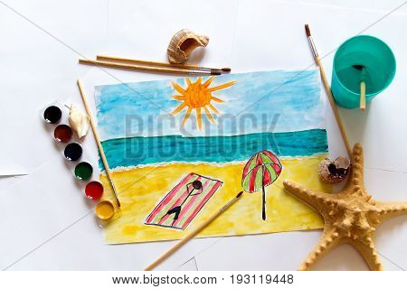 Kid's painting of holiday landscape - Seasky and beach