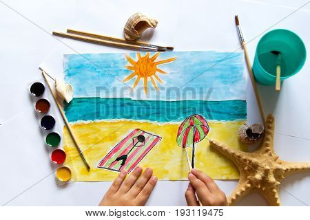 Kid's painting of holiday landscape - Seasky and beach