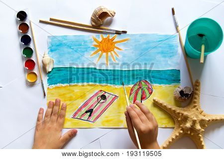 Kid's painting of holiday landscape - Seasky and beach