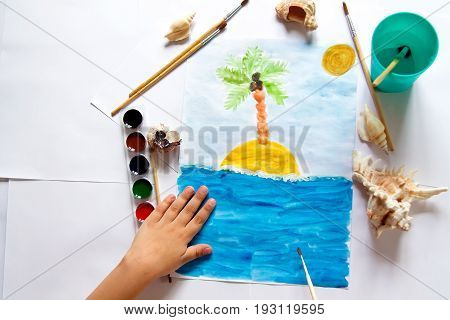 Kid's painting of holiday landscape - Seasky and beach
