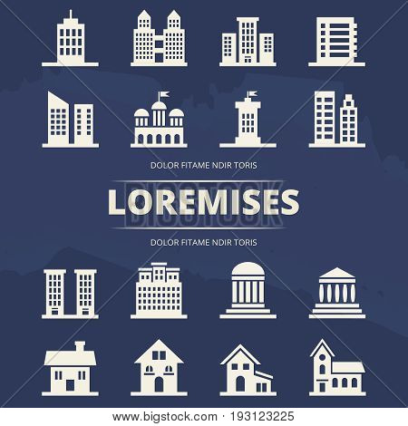 Houses icons set on blue background and place for text. Construction architecture object, vector illustration