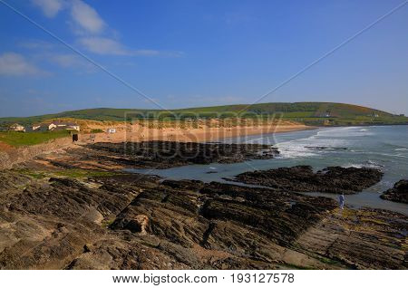 Croyde beach Devon England UK in summer from the rocks