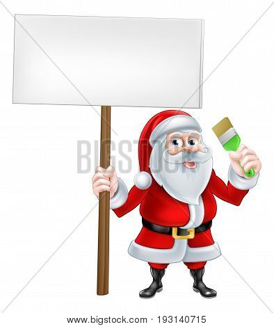 A Christmas cartoon illustration of Santa Claus holding sign and paintbrush