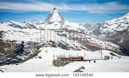 ZERMATT, SWITZERLAND - May 16. 2017: Gornergrat railway in Zermatt with the amazing Matterhorn in the background, Switzerland