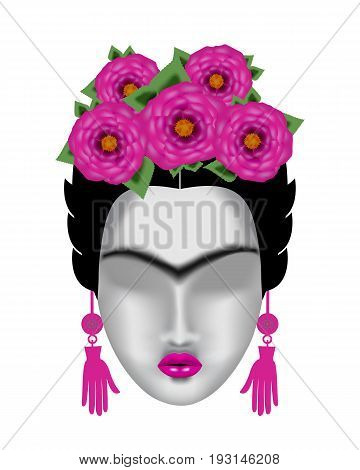 Interpretation Of Frida Kahlo. Female Face With A Mono-eyebrow, With A Pink Wreath Of Flowers And Ea
