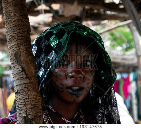 Portrait of tattooed Mbororo aka Wodaabe tribe woman - 01-03-2014 Poli Cameroon