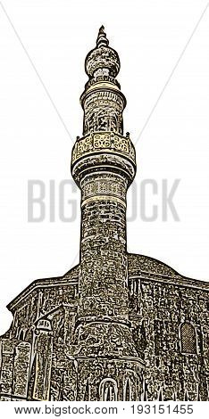 The minaret of the Murat Reis mosque in the cemetery of Rhodes Greece (on the white background)