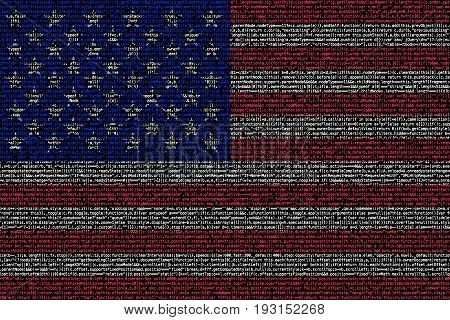 American flag composed of dense computer code cybersecurity programming concept