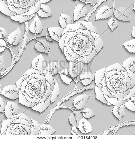 Paper Cut Art Flower Background Seamless Pattern. Origami Rose Flowers On Branches. Vector Stock Ill