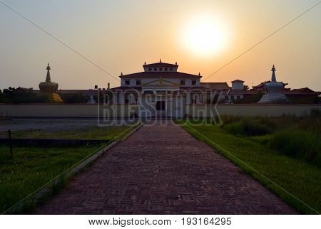 Austrian buddhist temple in Lumbini, Nepal - birthplace of Buddha Siddhartha Gautama. Mother temple of the graduated path to enlightenment