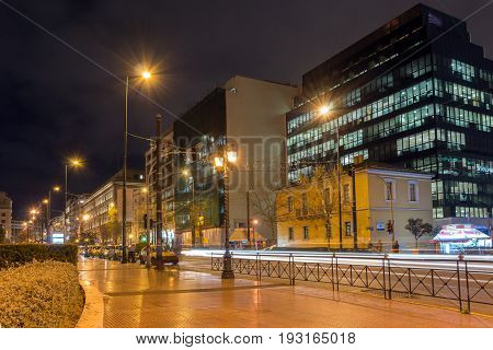 ATHENS, GREECE - JANUARY 20, 2017: Night photo of Street in Athens, Attica, Greece